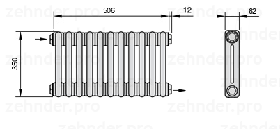 Схема (чертеж) Радиатор Zehnder Charleston 2035/11 №1670 Белый глянцевый RAL 9016